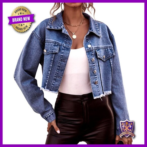Cropped Denim Jacket Distressed Ripped Frayed Y2K Retro Chic Boyfriend Fit